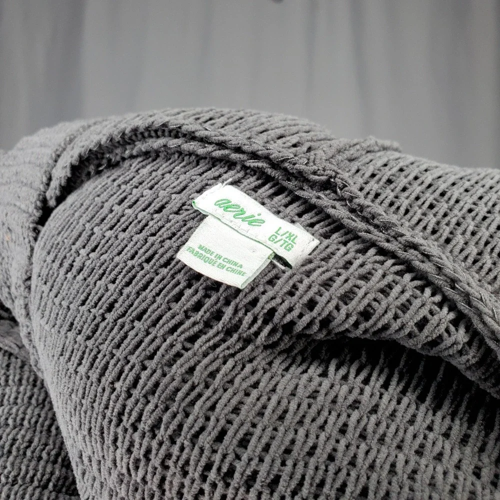Aerie Hoodie Cape Cardigan Women L/XL Gray‎ Chenille Chunky Open Front Pocket